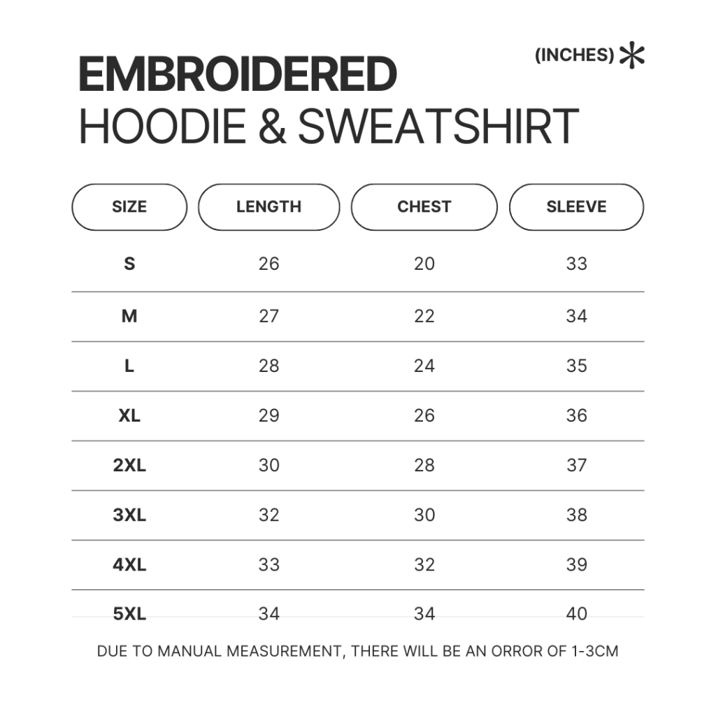 Embroidered Hoodie Sweatshirt Size Chart - Skateboard Gifts Store