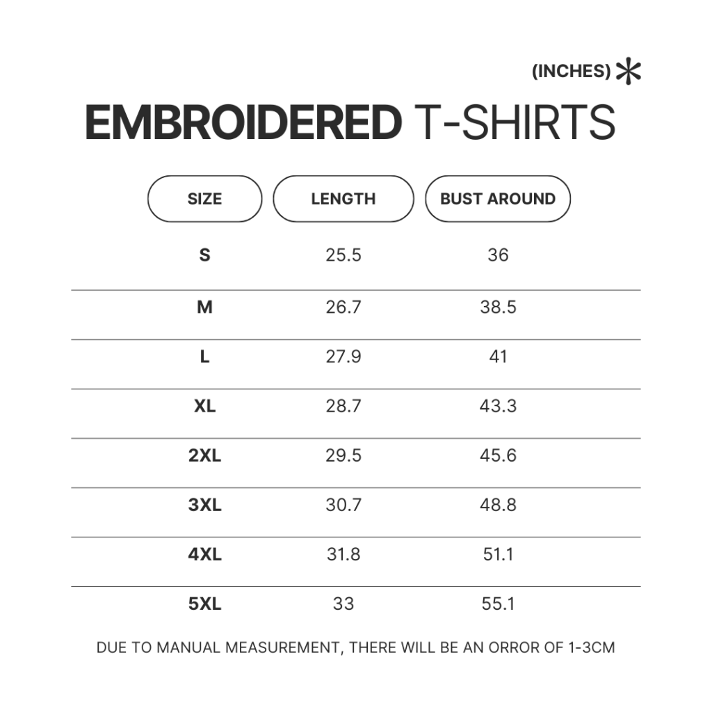 Embroidered T shirt Size Chart - Skateboard Gifts Store