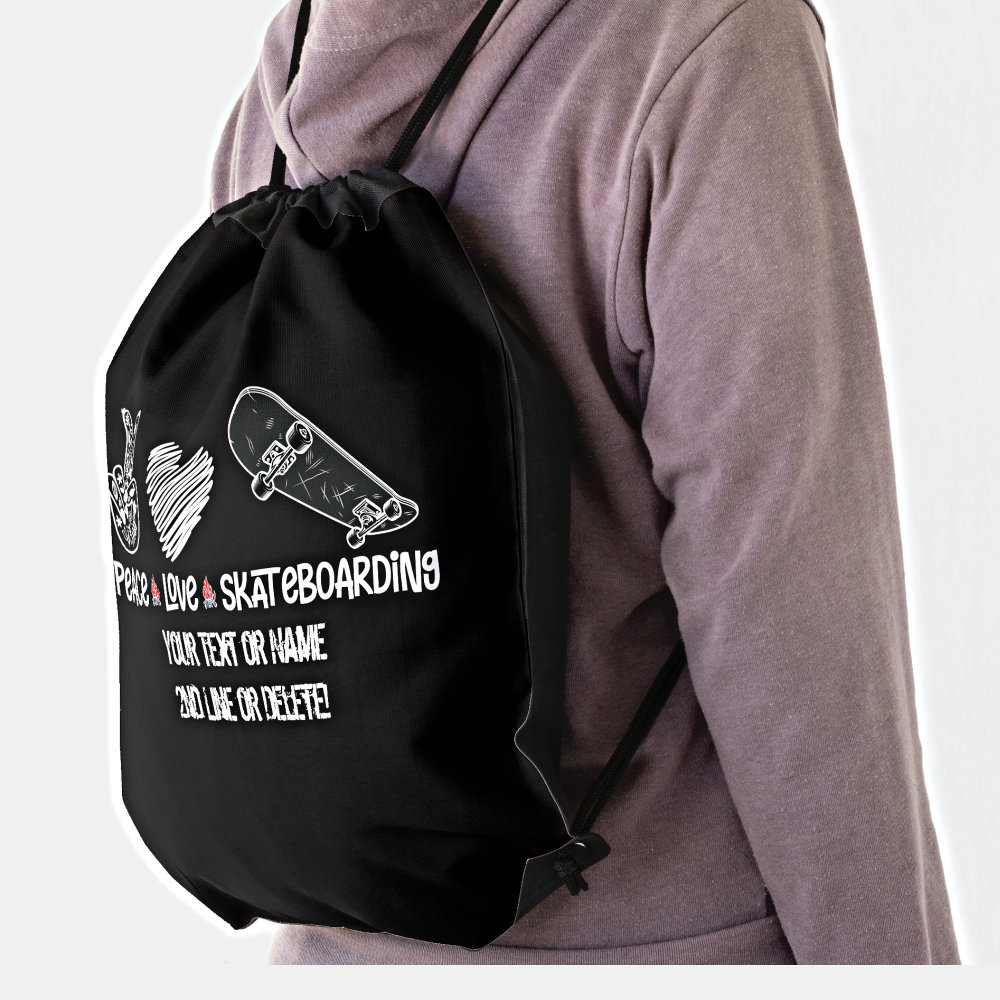 add your text name peace love skateboarding drawstring bag r 95ftm 1000 - Skateboard Gifts