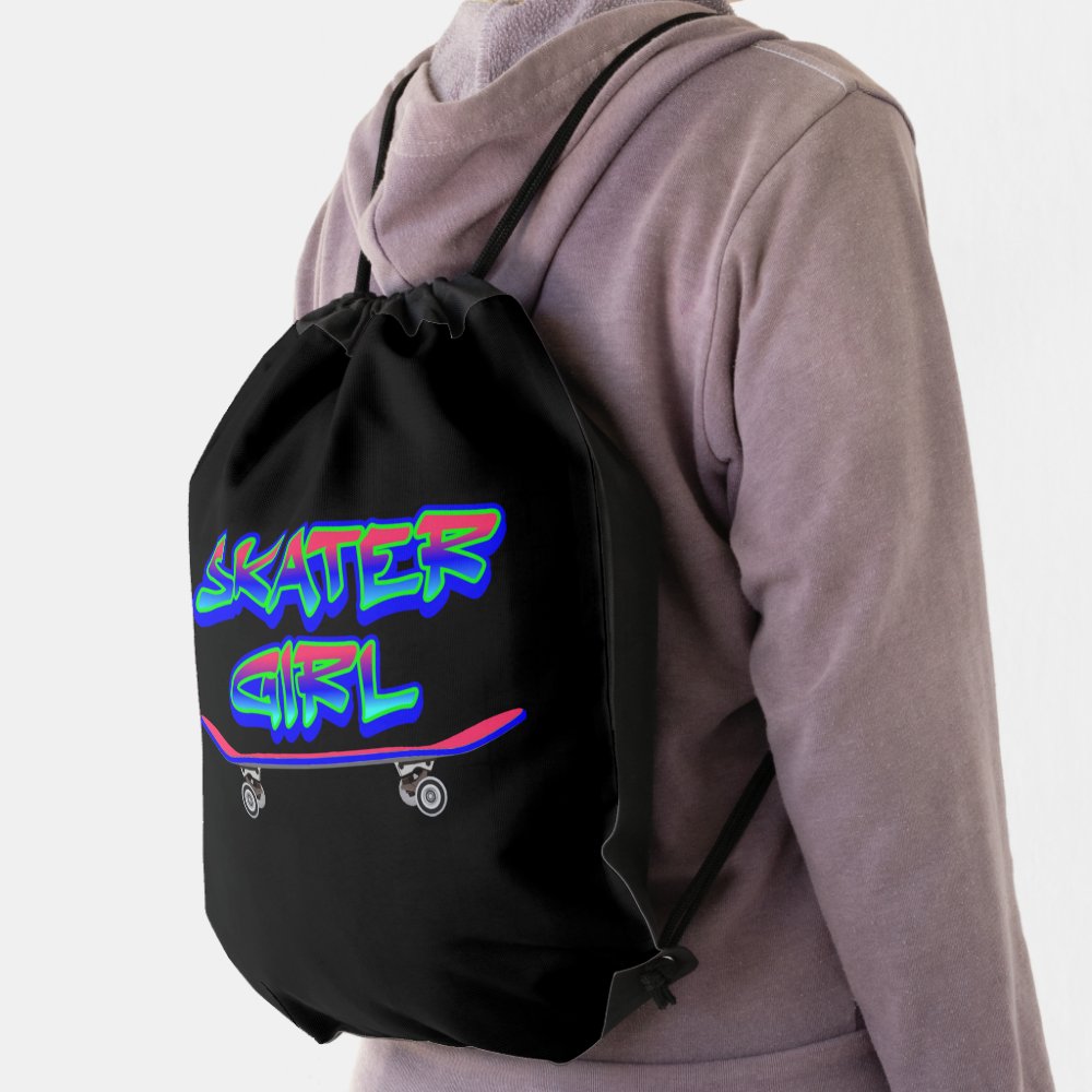 skater girl blue pink graffiti glow skateboard drawstring bag re3eaa9fb2f2243468846e6e3cd441cdf qwkt5 1000 - Skateboard Gifts