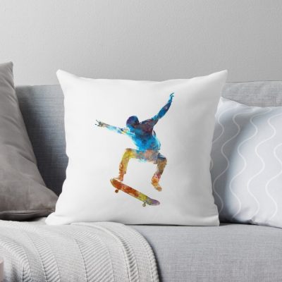 Man Skateboard 01 In Watercolor Throw Pillow Official Skateboard Merch